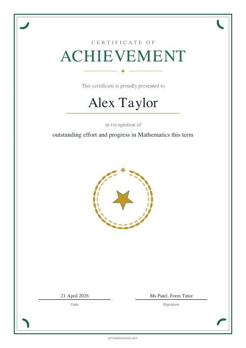 Free printable achievement certificate (Emerald), PDF download