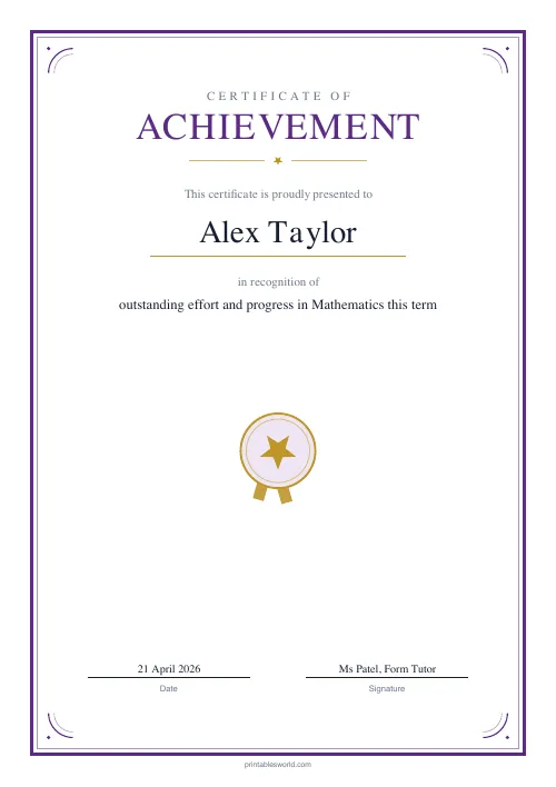 Free printable achievement certificate (Royal Purple), PDF download