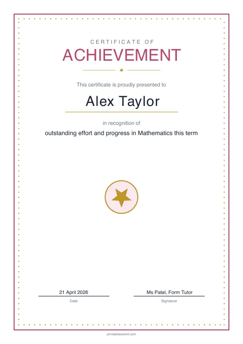 Free printable achievement certificate (Rose Blush), PDF download