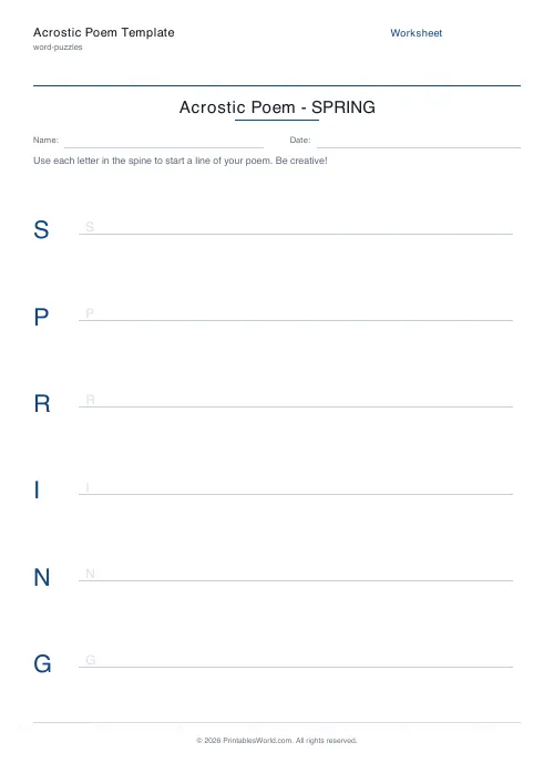Free printable acrostic poem template — Spring — PDF download