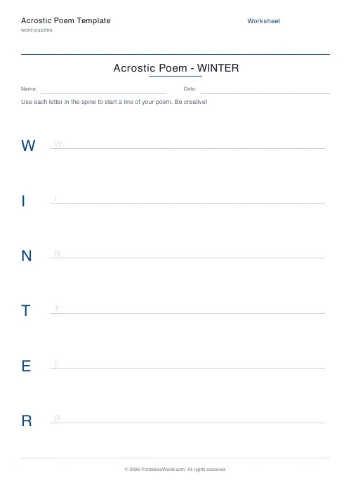 Free printable acrostic poem template — Winter — PDF download