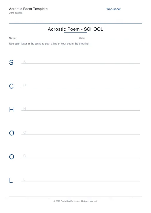 Free printable acrostic poem template — School — PDF download