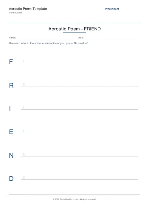 Free printable acrostic poem template — Friend — PDF download