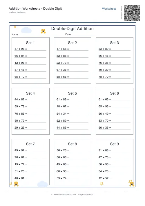 Free printable addition worksheet — Table style — PDF download