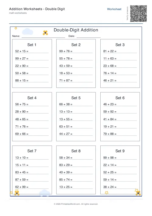 Free printable addition worksheet — Table style, with answer key — PDF download