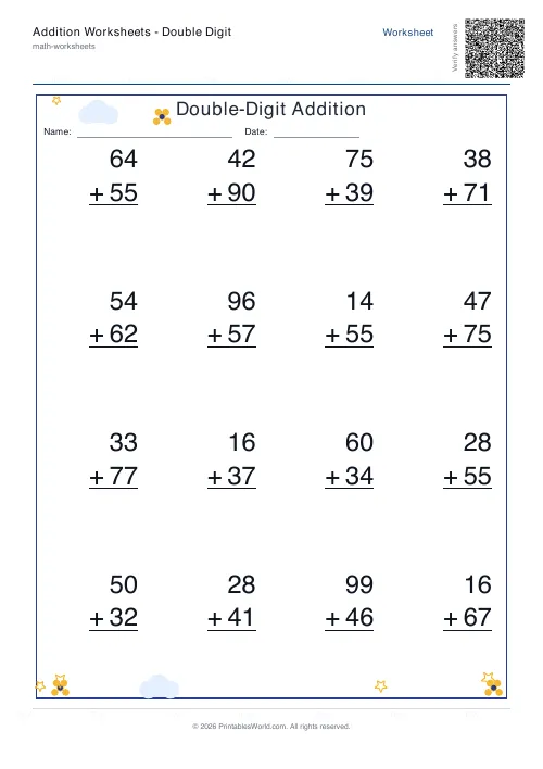 Free printable addition worksheet — Vertical / line-by-line, with answer key — PDF download