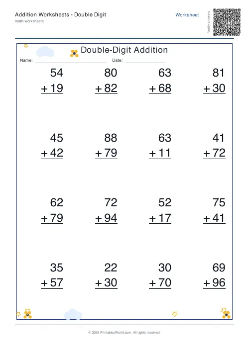 Free printable addition worksheet — Vertical / line-by-line — PDF download