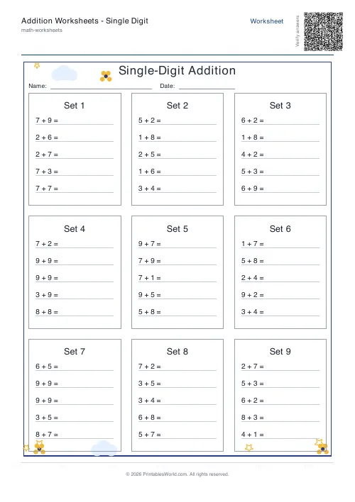 Free printable addition worksheet — Table style — PDF download