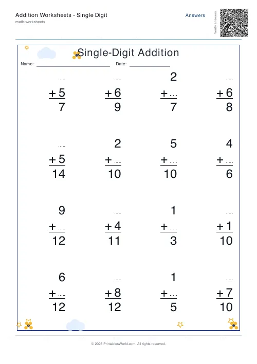 Free printable addition worksheet — Find the missing number — PDF download