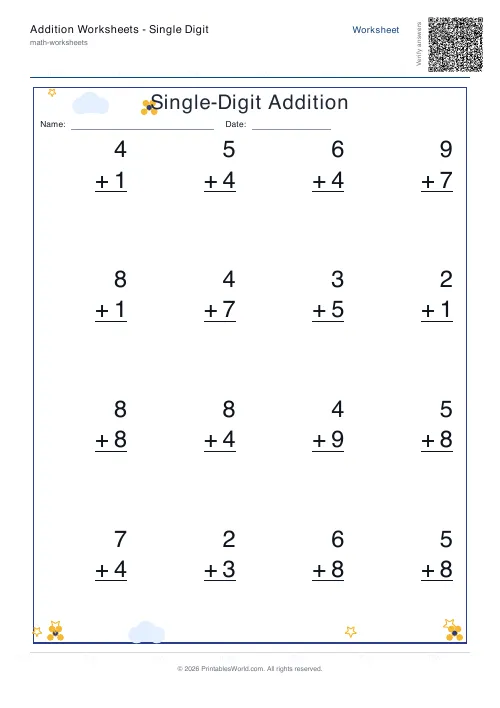Free printable addition worksheet — No zero — PDF download