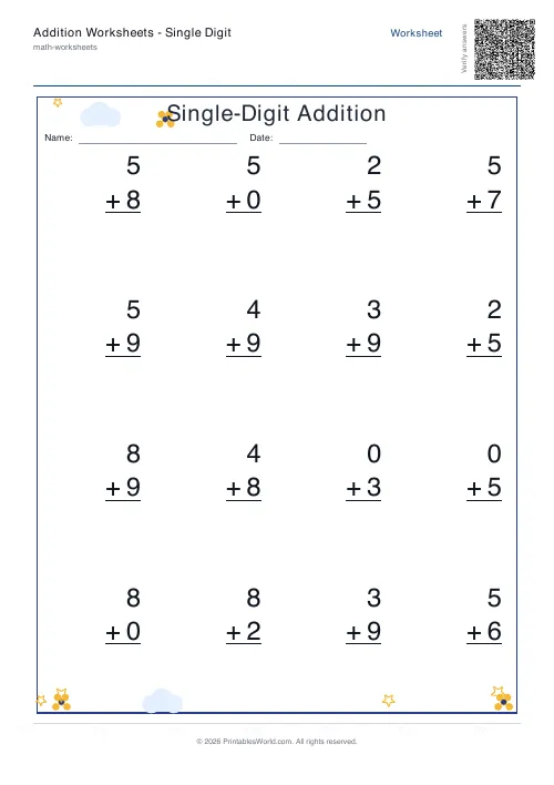 Free printable addition worksheet — Include zero — PDF download