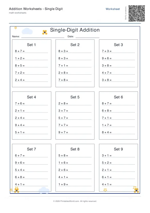 Free printable addition worksheet — Table style, with answer key — PDF download