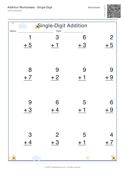 Free printable addition worksheet — Vertical / line-by-line — PDF download
