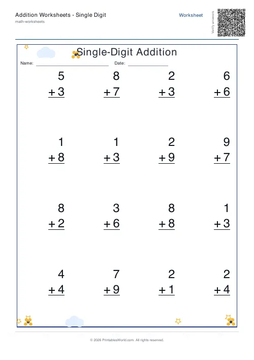 Free printable addition worksheet — 1-digit — PDF download