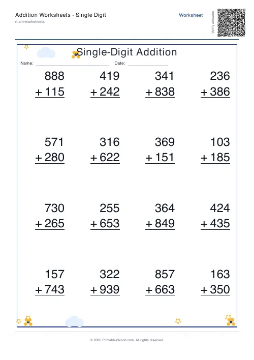 Free printable addition worksheet — 3-digit — PDF download