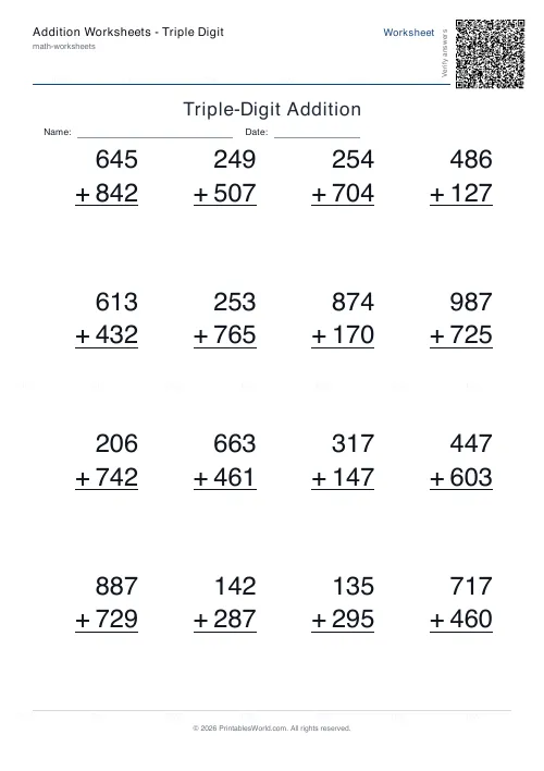 Free printable addition worksheet (3-digit), PDF download