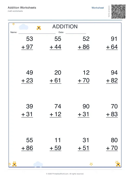 Free printable 2-digit addition worksheet PDF in vertical column format for Grade 1–2 — set 3