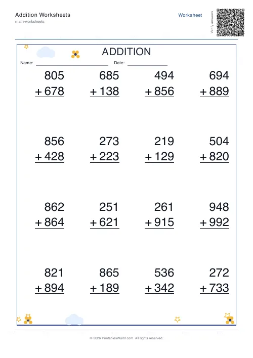 Three-digit vertical addition answer key with completed sums, set 2