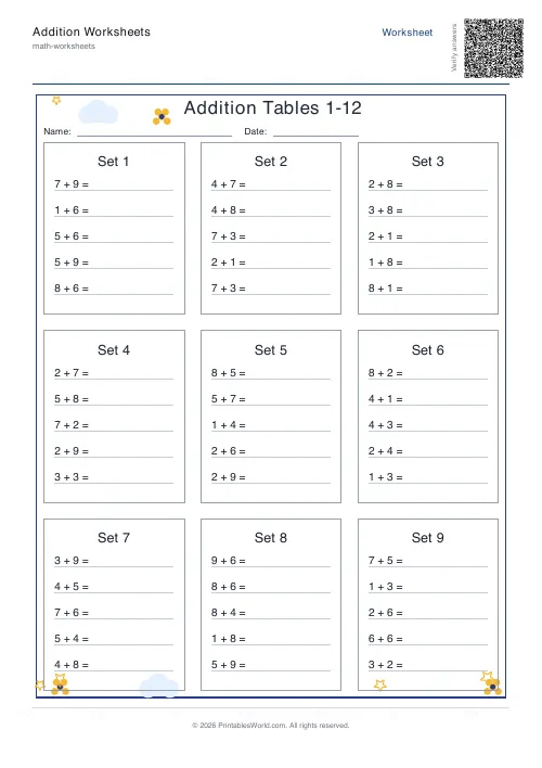 Printable addition tables 1 to 12 worksheet, second set of single-digit addition problems