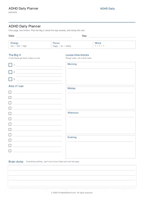 Free printable ADHD daily planner — Big 3 — PDF download