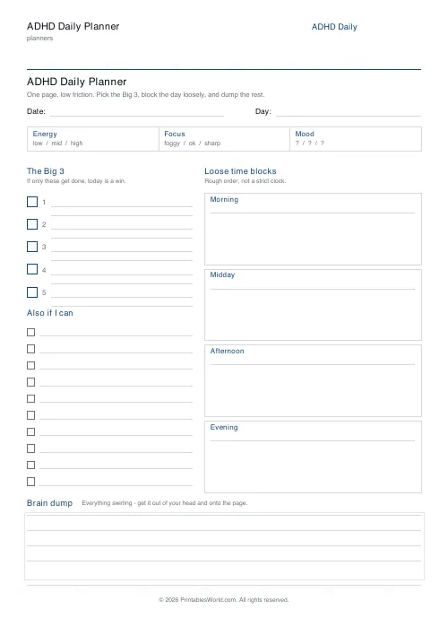 Free printable ADHD daily planner — Big 5 — PDF download