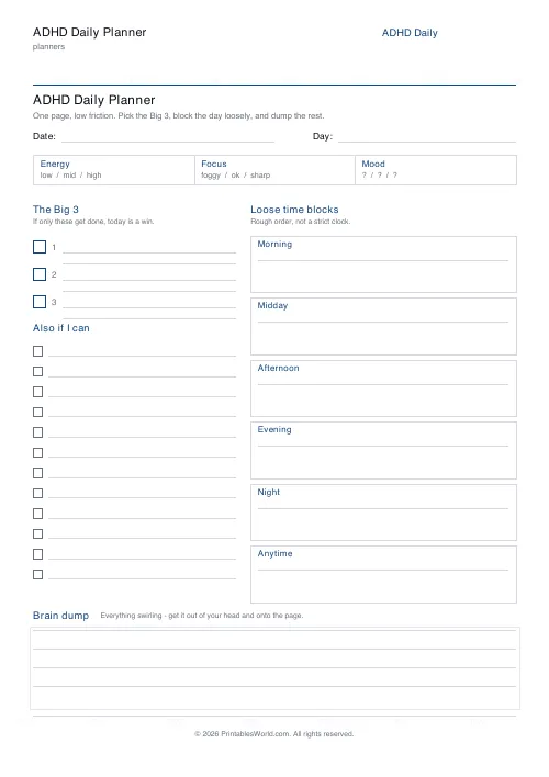 Free printable ADHD daily planner — 6 time blocks — PDF download