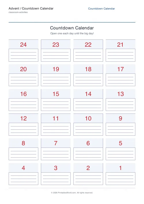 Free printable countdown advent calendar — N to 1 — PDF download