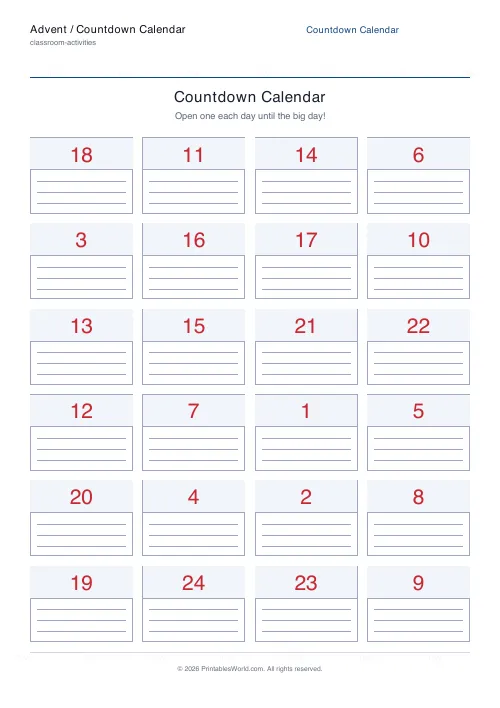 Free printable countdown advent calendar — Shuffled — PDF download