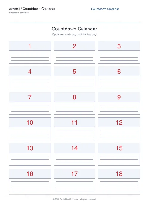 Free printable countdown advent calendar — 3 columns — PDF download