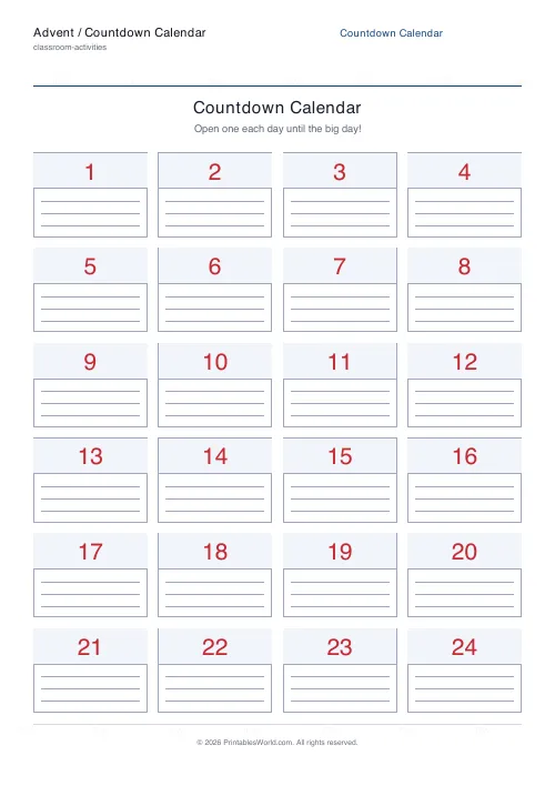 Free printable countdown advent calendar — 4 columns — PDF download