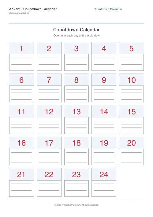 Free printable countdown advent calendar — 5 columns — PDF download