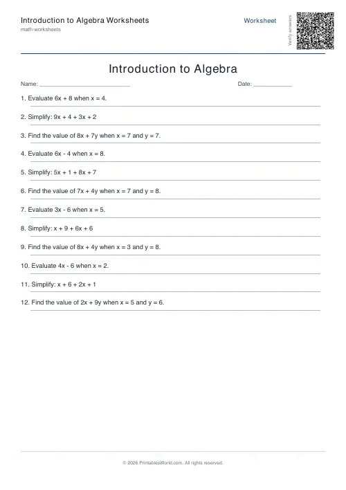 Free printable intro algebra worksheet — Up to 9, with answer key — PDF download