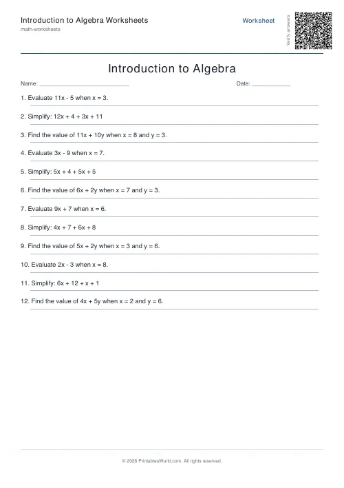 Free printable intro algebra worksheet — Up to 12, with answer key — PDF download