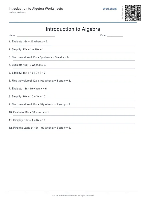 Free printable intro algebra worksheet — Up to 20, with answer key — PDF download