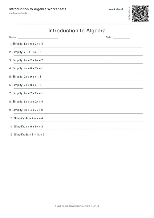 Free printable intro algebra worksheet — Simplify (combine like terms) — PDF download