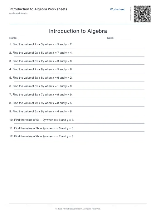 Free printable intro algebra worksheet — Substitute values — PDF download
