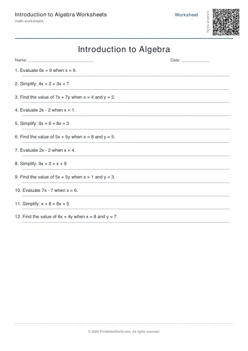 Free printable intro algebra worksheet — Up to 9 — PDF download