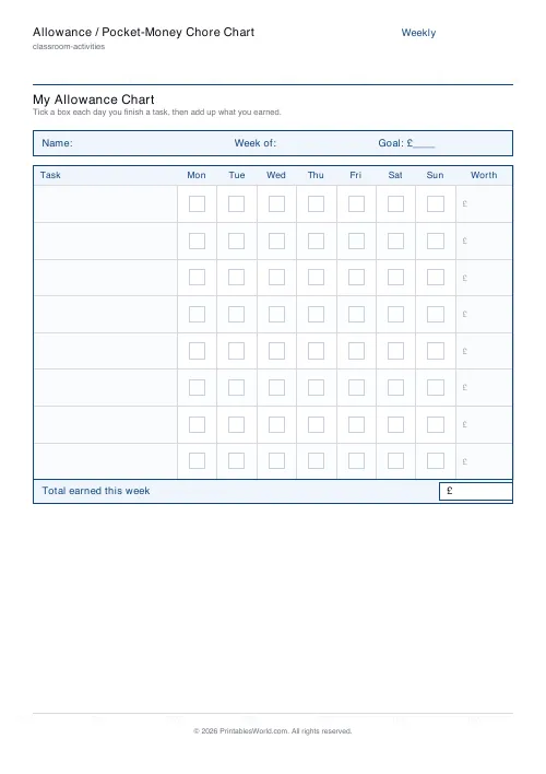 Free printable allowance chore chart — Pound (£) — PDF download