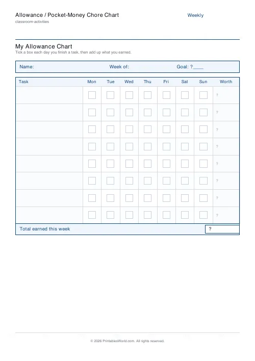 Free printable allowance chore chart — Euro (€) — PDF download