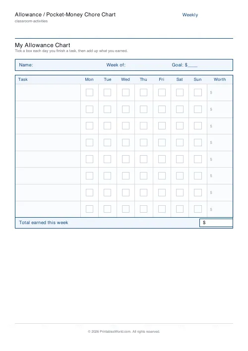 Free printable allowance chore chart — 8 tasks — PDF download
