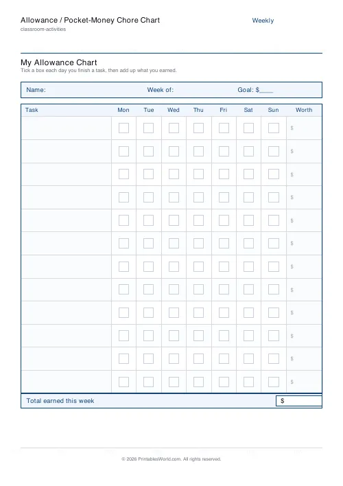 Free printable allowance chore chart — 12 tasks — PDF download