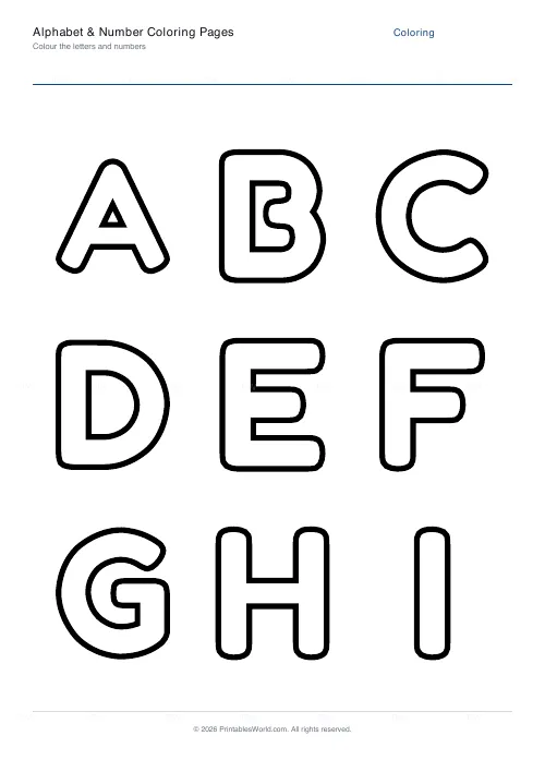 Free printable letter and number coloring page (Uppercase letters), PDF download