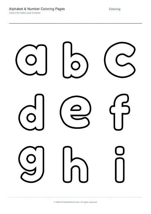 Free printable letter and number coloring page (Lowercase letters), PDF download