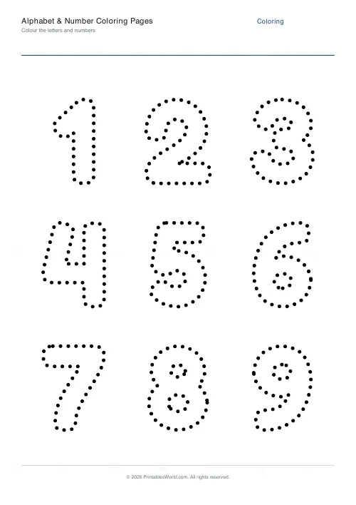 Free printable letter and number coloring page (Dotted (tracing)), PDF download