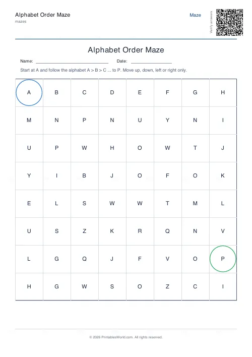 Free printable alphabet order maze (8×8), PDF download