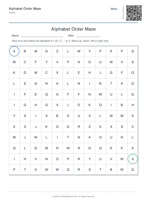 Free printable alphabet order maze (12×12), PDF download