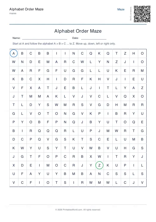 Free printable alphabet order maze (16×16), PDF download