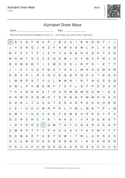 Free printable alphabet order maze (20×20), PDF download