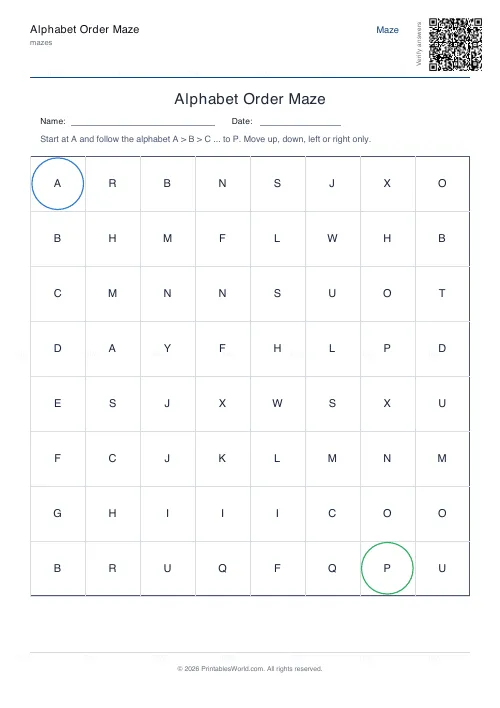 Free printable alphabet order maze (8×8, with answer key), PDF download