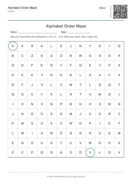 Free printable alphabet order maze (12×12, with answer key), PDF download
